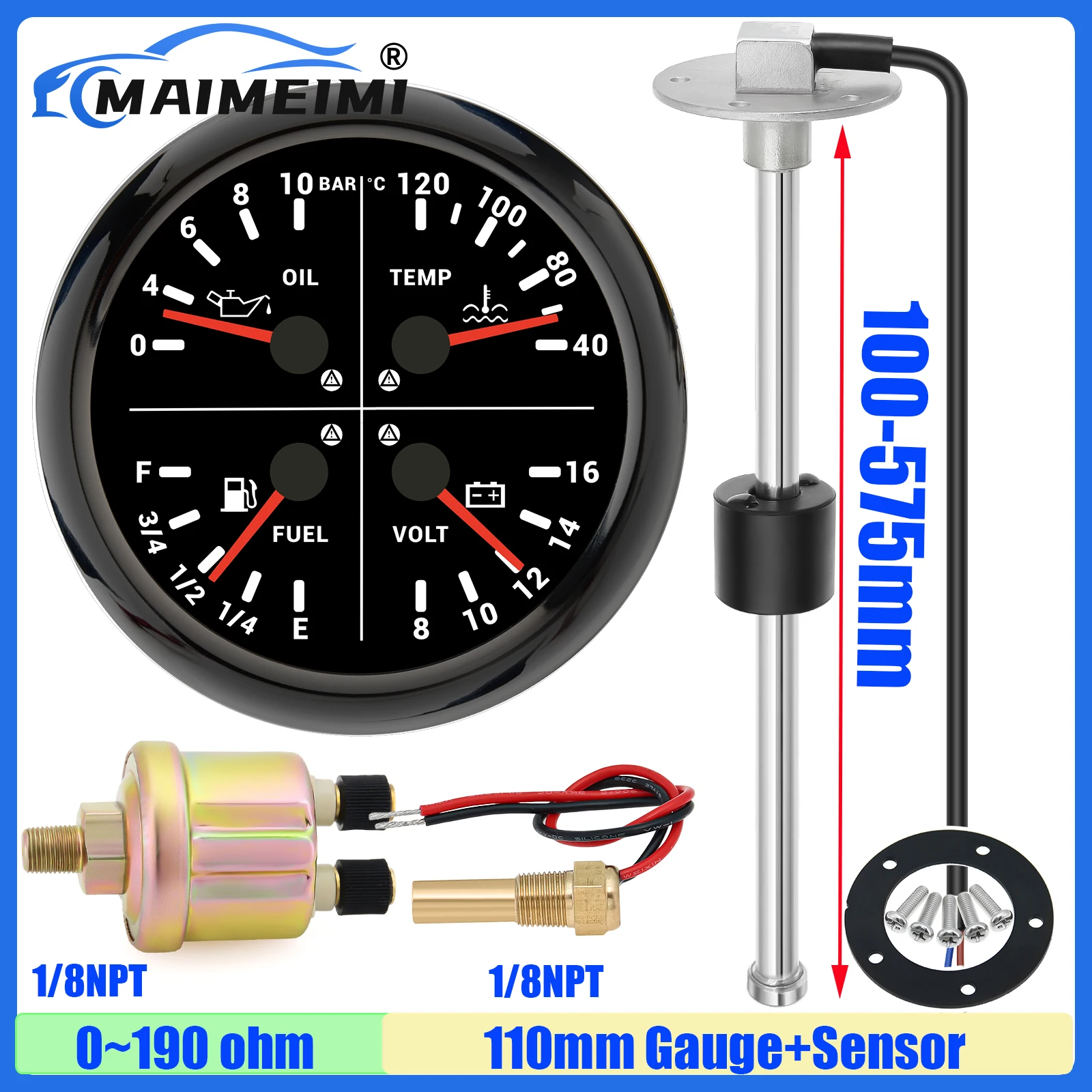 

110mm Multi-Meter Car 4 IN 1 Oil Pressure Gauge+Water Temp+Fuel Gauge+Voltage with Flashing Alarm Oil Level Sensor 0-190ohm