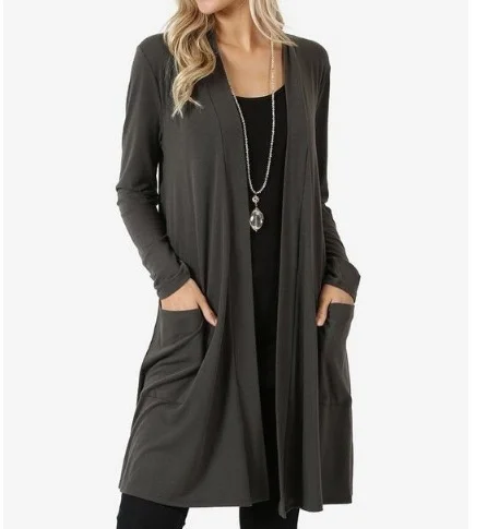 

European And American Simple Long Sleeve Mid-Length Open Cardigan Outerwear Elegant Casual Style for Women