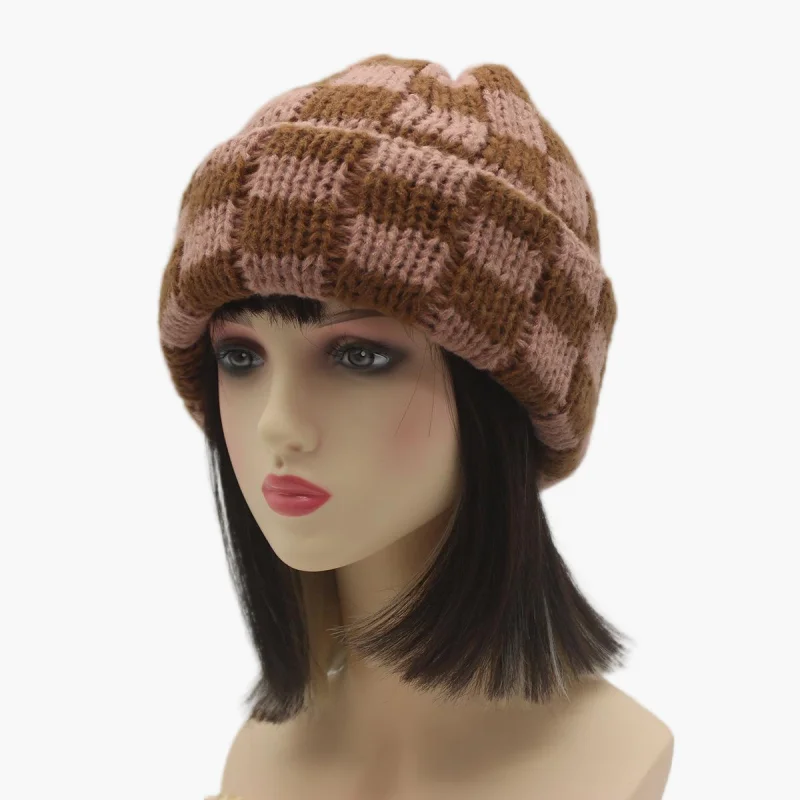 Schachbrett-Strickmütze, Herbst und Winter, koreanischer Stil, Nische, großer Kopfumfang, Wollmütze, japanischer Stil, Weihnachtsmütze – Detail 13