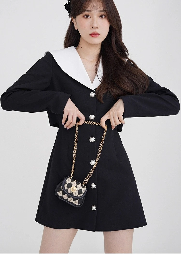 Vestido de gola marinha para mulheres senhora manga longa vestido linha a elegante design de duas camadas fino ajuste bonito roupa formal outono uso diário