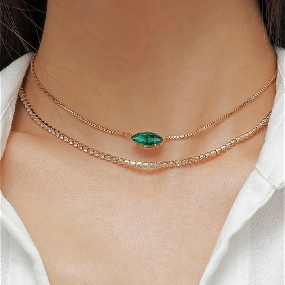 Boho Vintage Gold-plate Chain Green Oval Crystal Pendant Necklace For Women Female Fashion Multilevel Sweet Simple Jewelry Gift