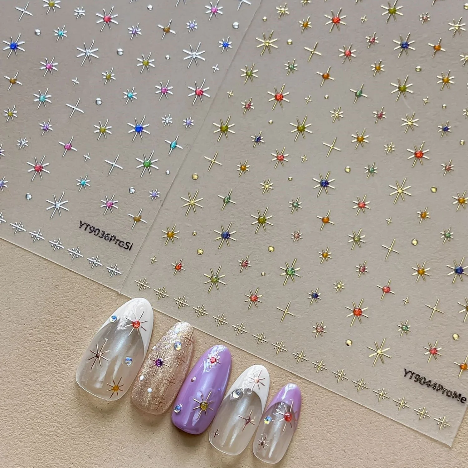 Glänzender silberfarbener achtspitziger Stern, runder Strassstein, gebrochene Diamantlinie, Glitzer, 5D-Nagelaufkleber, selbstklebender Nagelkunst-Aufkleber