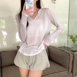 Korean 2024 Summer Women's New Patchwork V-neck Fashion Solid Color Minimalist Office Lady Versatile Casual Long Sleeve Tops