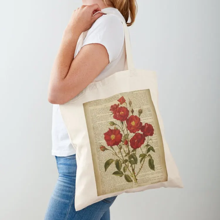 

Ботанический принт на старой книжной странице - Сумка-тоут с розами, тканевая сумка для пляжа, женская сумка для покупок с логотипом