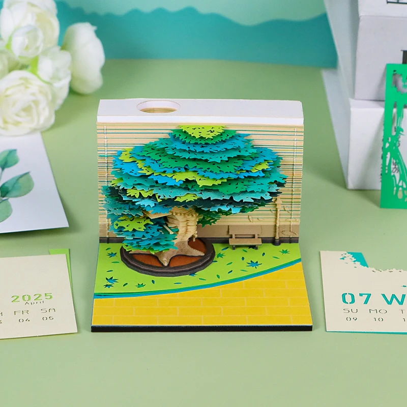 Notepad Calendar 2025 3D Note Paper Carving Model Four Seasons Tree With Light Sticky Note Cube Pen Holder Office Accessories