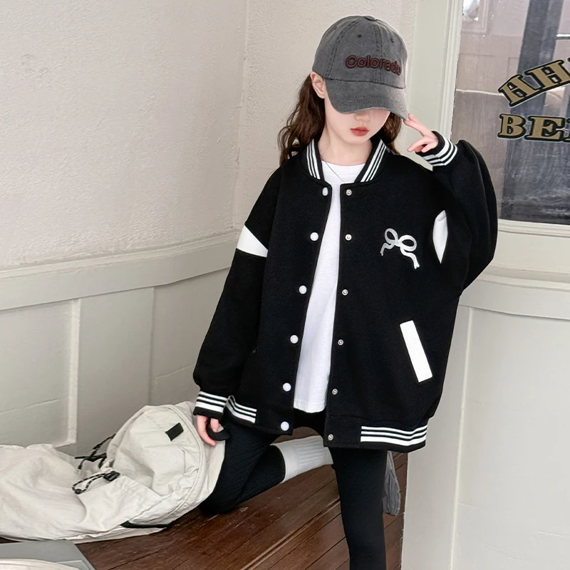 Kids Casual Spring Autumn Clothing Baseball Jacket with Bows for Girls Sports Baseball Shirt Coat Child Sporty Outerwear Tops