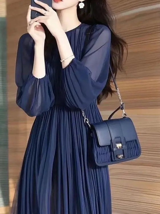 Ele Blue Chiffon Lang Dr Spring 2025, vroege lente Krachtige aanwezigheid Damesachtig Dr Luxury Sensation Geschikte blauwe D...