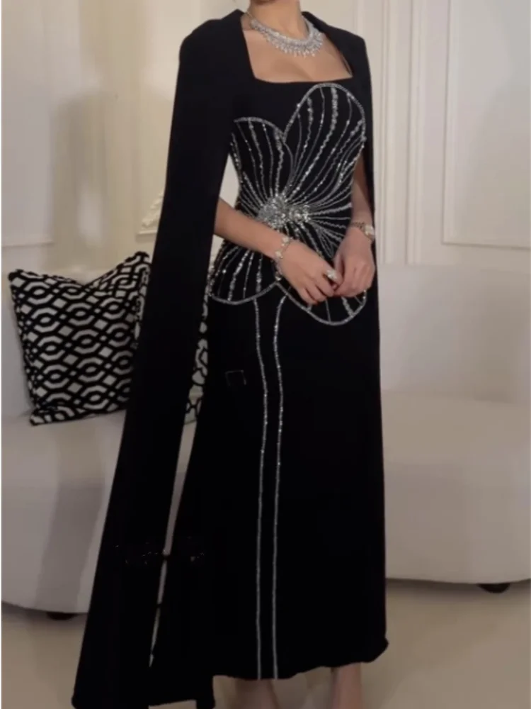 

Customized Elegant Black Long Evening Dresses for Special Occasions Square-Neck Luxury Arabia Dubai Women Gala Party Dress 2025