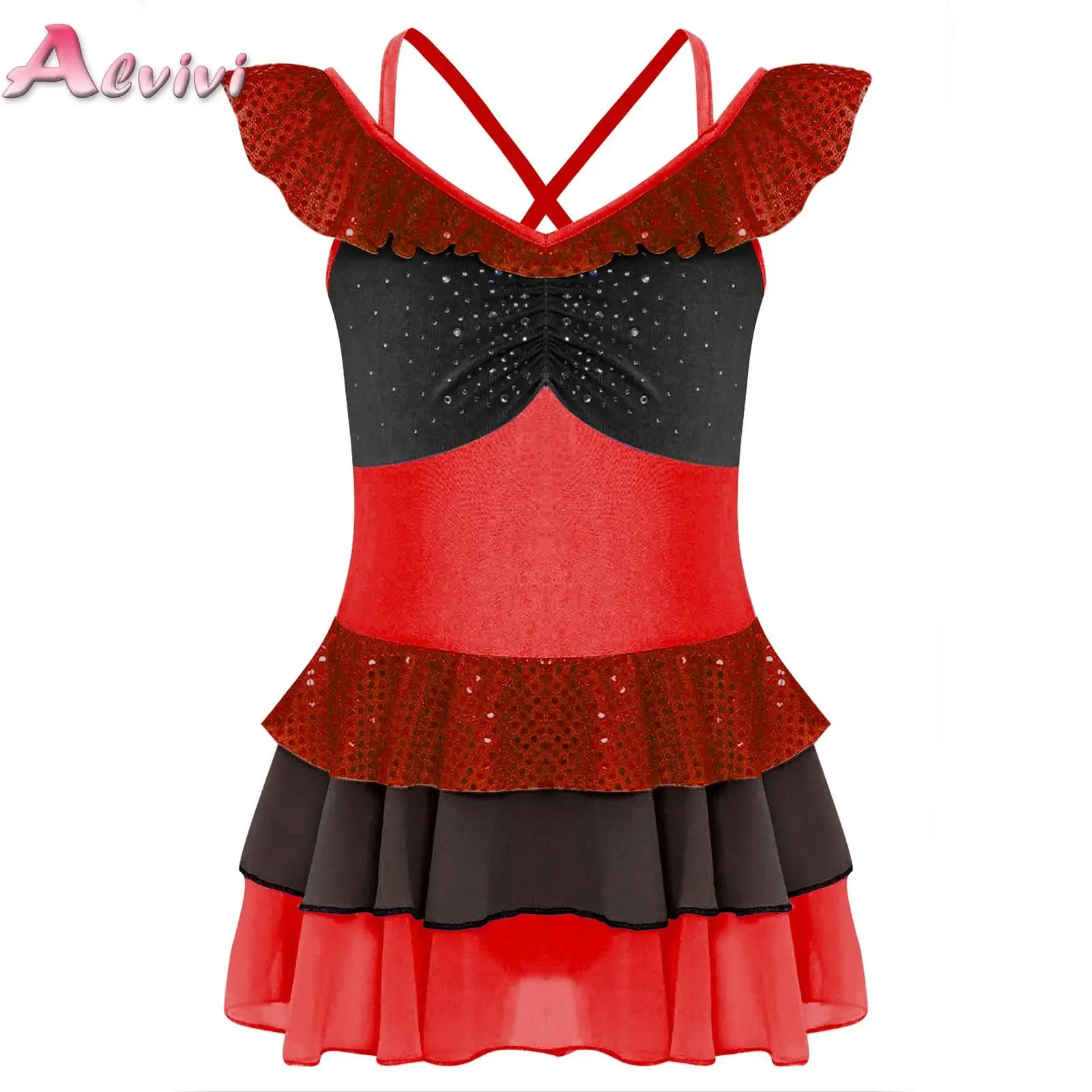 

Kids Girls Figure Skating Dance Performance Costume Shiny Rhinestones Ruched Tiered Dress Ballet Gymnastics Lyrical Clothes