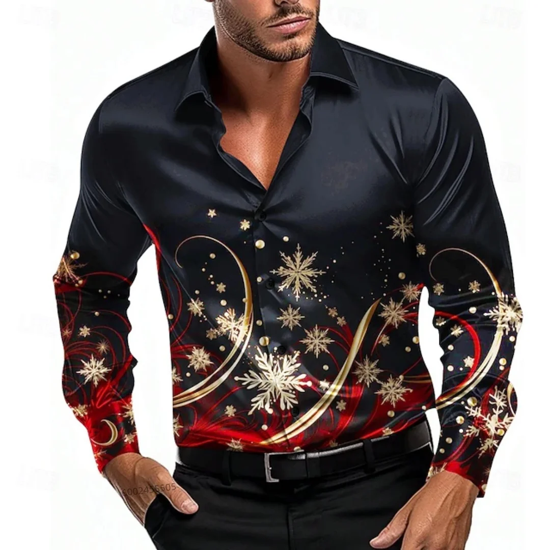2026 Christmas Men's Scene Printed Shirt - Snowflake Casual Fashion Round Neck Buttoned Long Sleeve Party Autumn Shirt - Small t