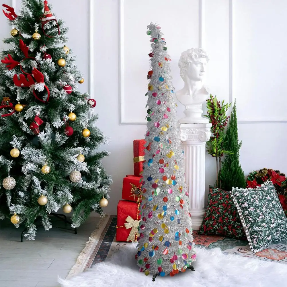 

Front Porch Christmas Tree Sequin Pencil Christmas Tree for Small Spaces Collapsible Skinny Xmas Tree with Tinsel for Home