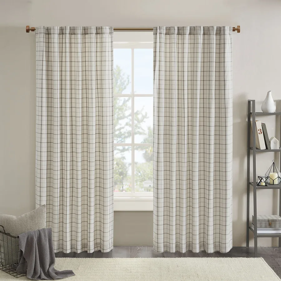 

Plaid Rod Pocket and Back Tab Curtain Panel with Fleece Lining Natural 50x95"