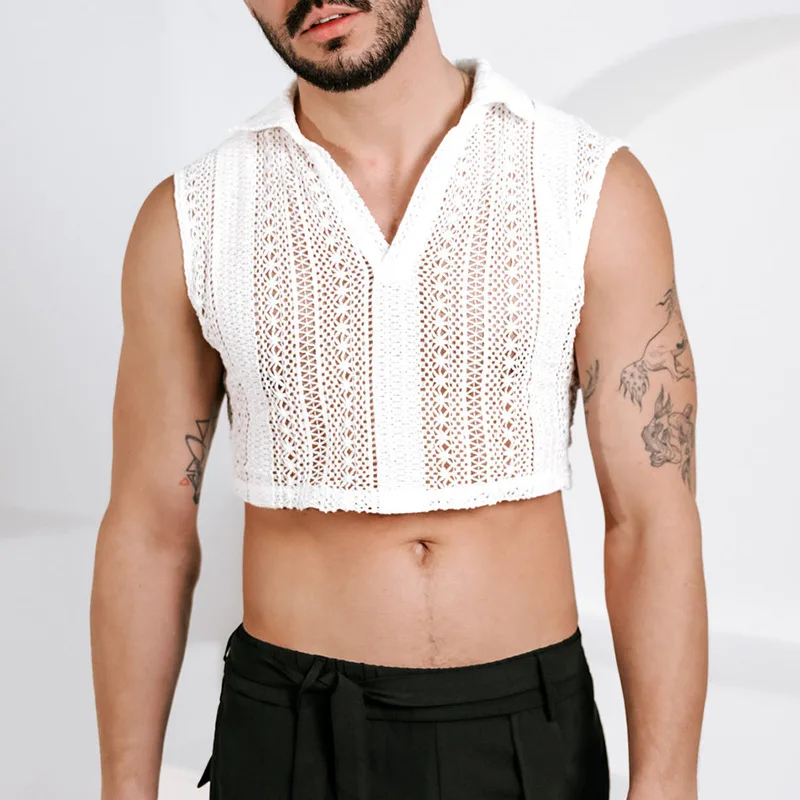 

Spring And Summer New Men's Short Lapel Top Hollow Sexy Design Sleeveless Shirt Men
