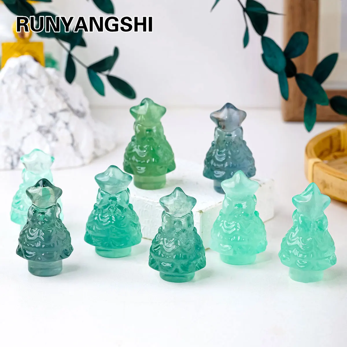 1pc Natural Crystal Green Fluorite Hand-Made Mold Christmas Tree Statue Mini Gem Carving Home Decoration Christmas Gifts Souveni