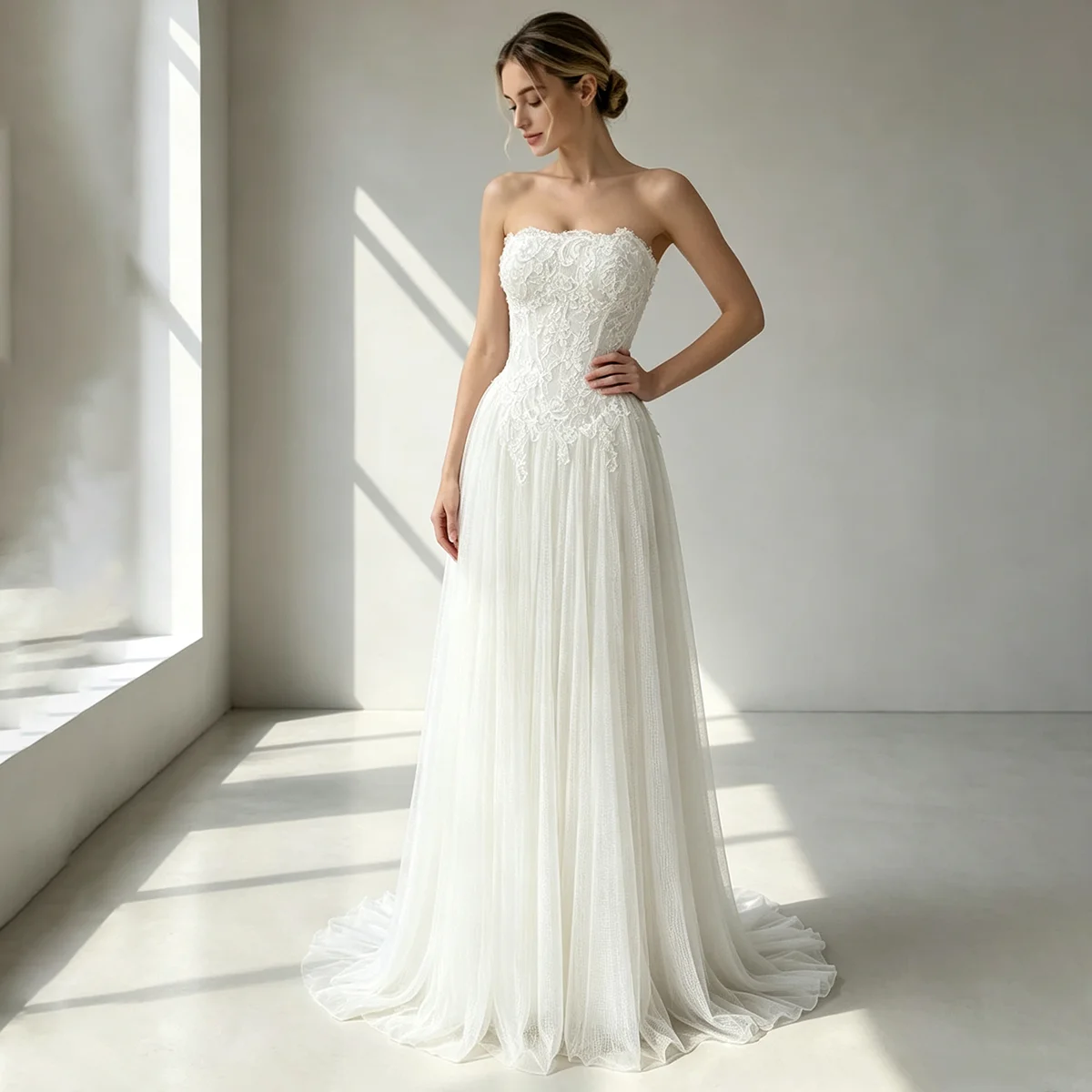 Vintage Lace Strapless Basque Waist Romantic Bridal Gowns Customized Plus Size A Line Ivory Soft Tulle Plus Size Wedding Dress