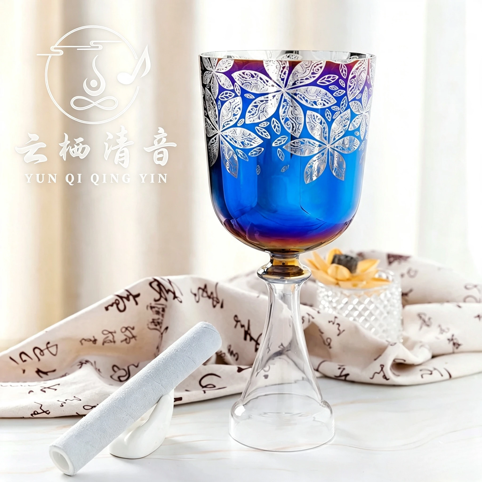 YUN QI QING YIN 5-7 Inch 4Th Blue Hexagonal Flower Handheld Transparent Crystal Singing Chalice Bowl Yoga Meditation Sound Healing Instrument