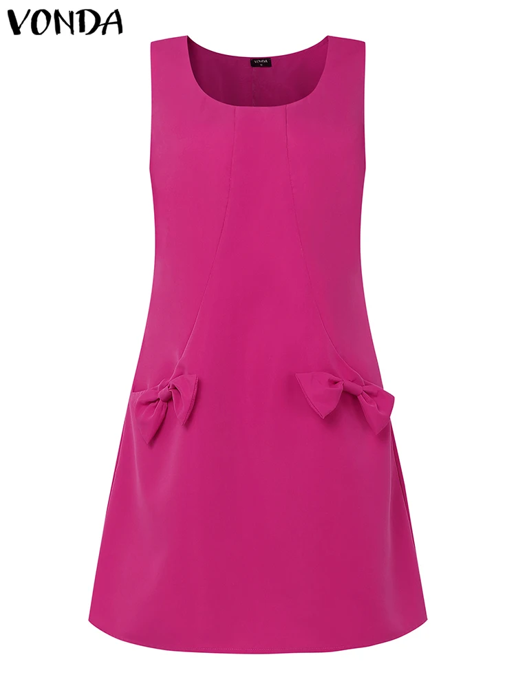 VONDA Women Sleeveless Mini Dress Summer Bow Elegant Party Sundress 2025 Fashion Sexy Office Lady Vestidos Casual Solid Robe