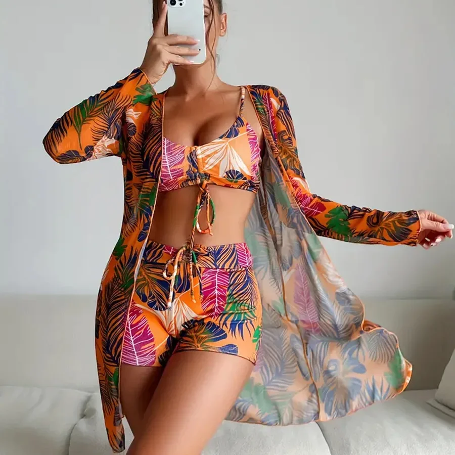 

2025 New Bikini Set Women's Tropical Style Print 3 Piece Cover-ups Swimsuit Long Sleeve Sunscreen Beach Vacation Swimwear Summer