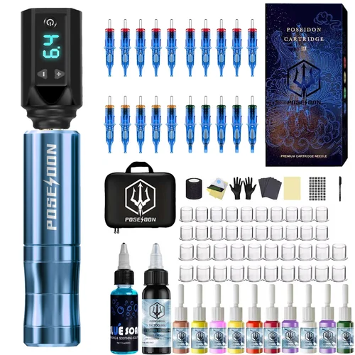 Kit de tatuaje POSEIDON, Kit de pluma de tatuaje ligero para maquillaje permanente, Kit de máquina de tatuaje, fuente de alimentación inalámbrica para tatuaje, Kit de tatuaje