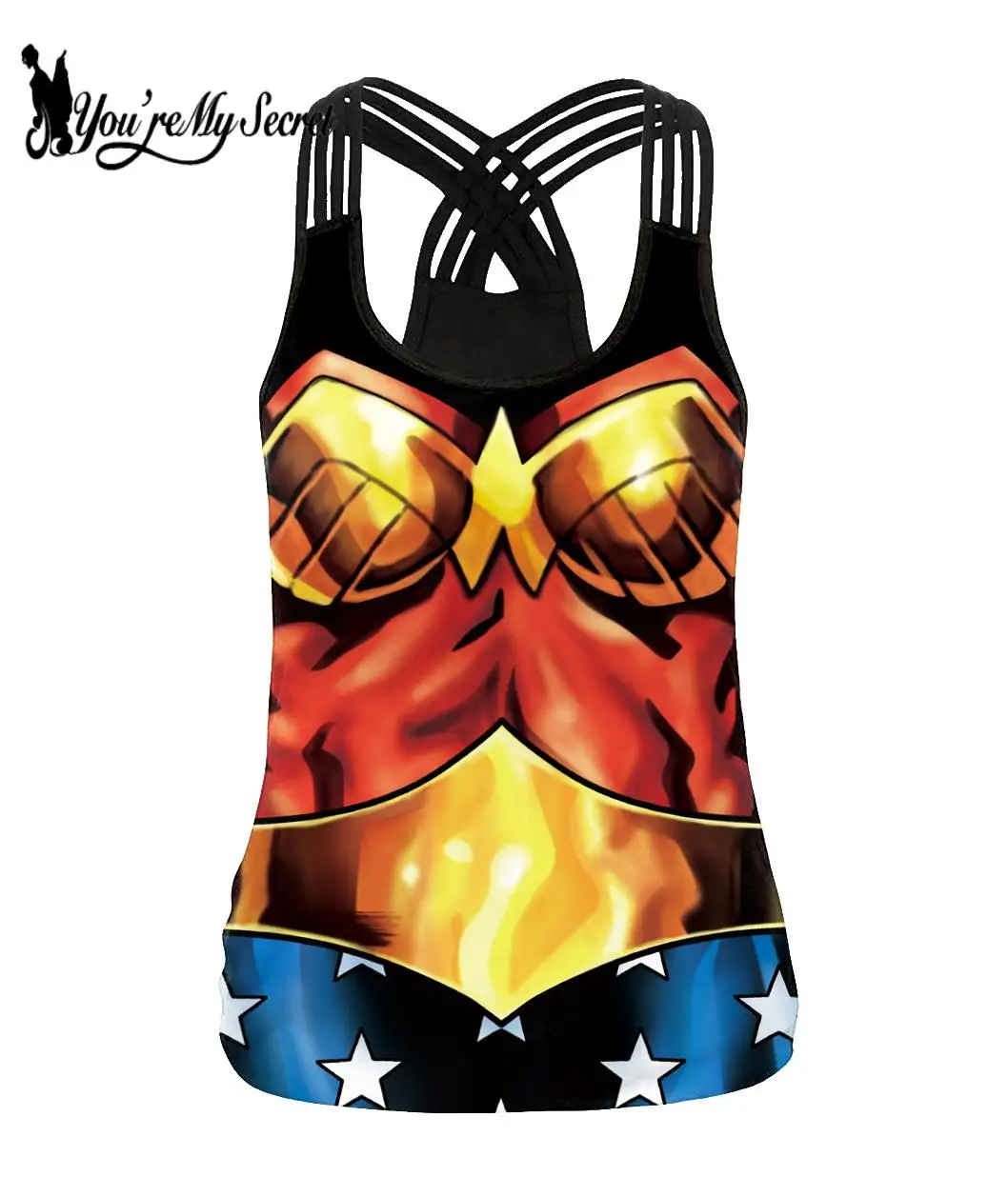 [You\'re My Secret] Cosplay Superhero Printed Tank Top Sexy Sling Cross Vest Casual T-Shirt Female Warrior Cosplay Party Clothing