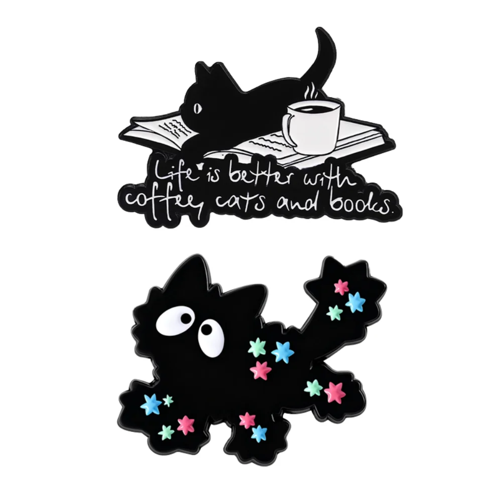 Exquisite Animal Colored Star Black Cat Brooch Healing Art Black Cat Pin Coffee Book Star Style Cat Brooch