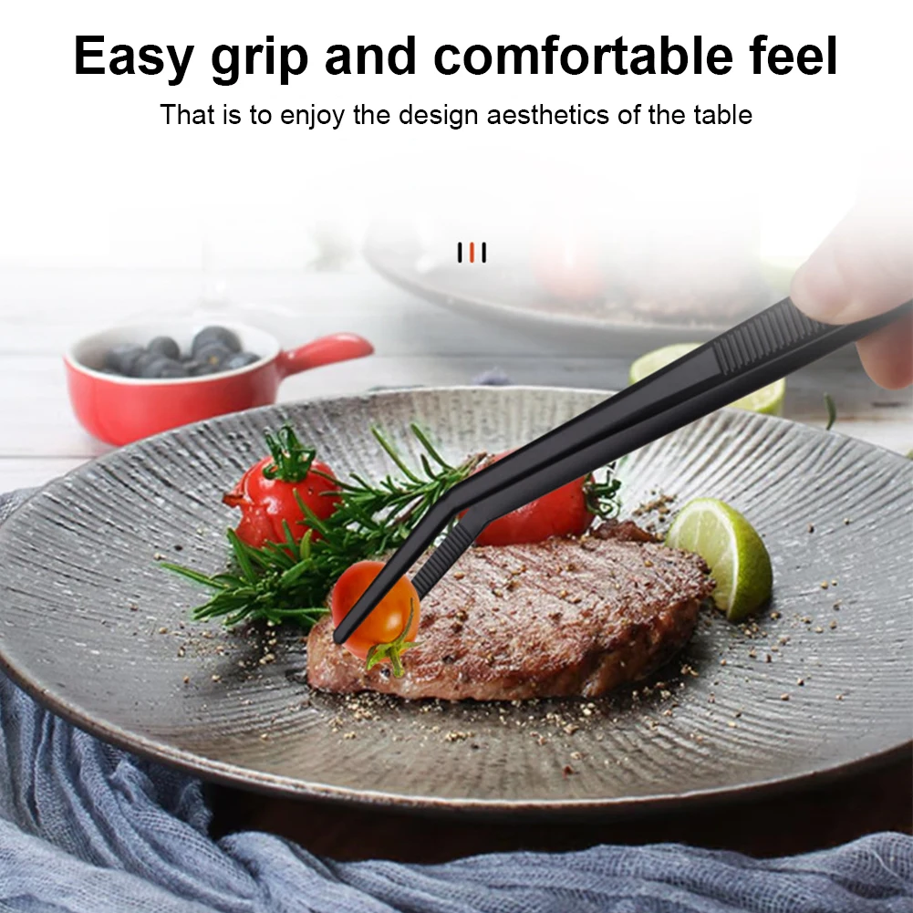 3pcs Smooth Surface Non Stick Anti Slip Portable Food Clip Durable BBQ Meat Tong Black Cooking Tweezers Lightweight Long