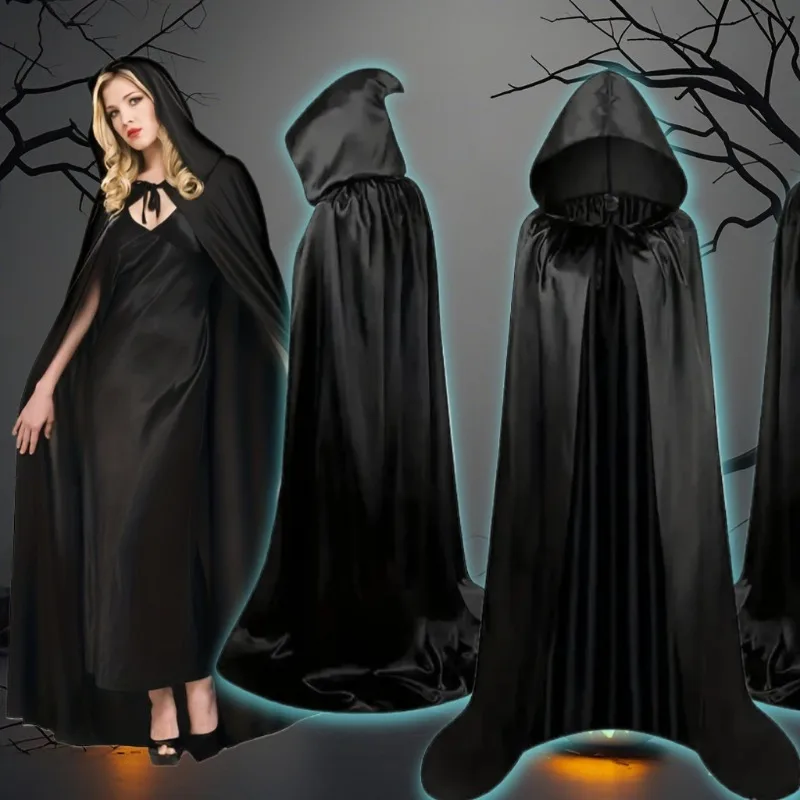 

Purim Cosplay Cloak Witch Long Cape Costume Soft Unisex Hooded Black Robe Prop Halloween Masquerad Party for Man Woman