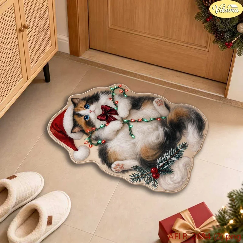 VIKAMA Calico Cat Christmas Rug Irregular Shape Doormat Light String Kitchen Floor Mat Non Slip Soft Xmas Home Decor Home