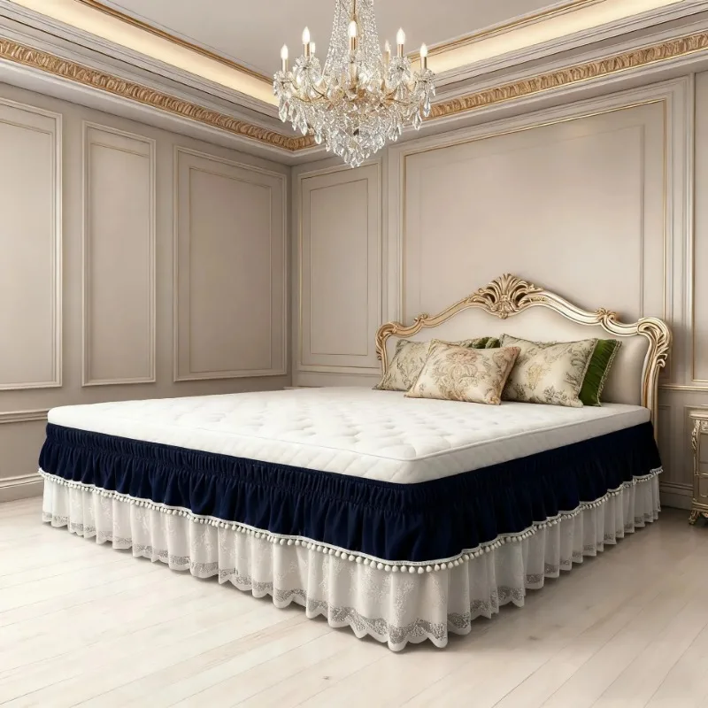 Double Layer Wrap Around Elastic Solid Bed Skirt Elastic Band Without Sheet Easy on/Easy Off Dust Ruffled Home Hotel Decoration