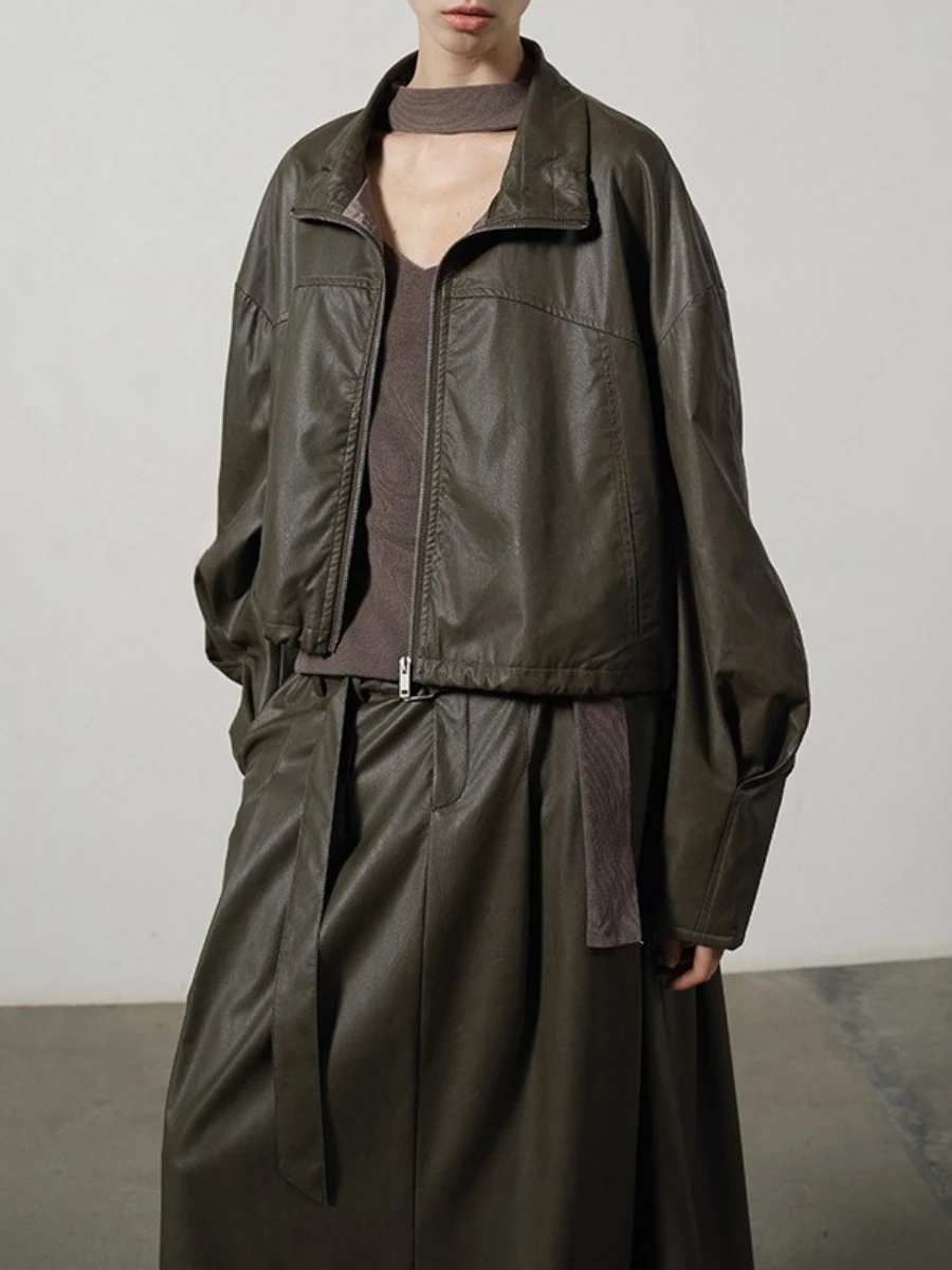 TWOTWINSTYLE الصلبة فضفاض تقسم سستة سترات كاجوال للنساء التلبيب كم طويل المرقعة الرباط سترة جلدية الإناث