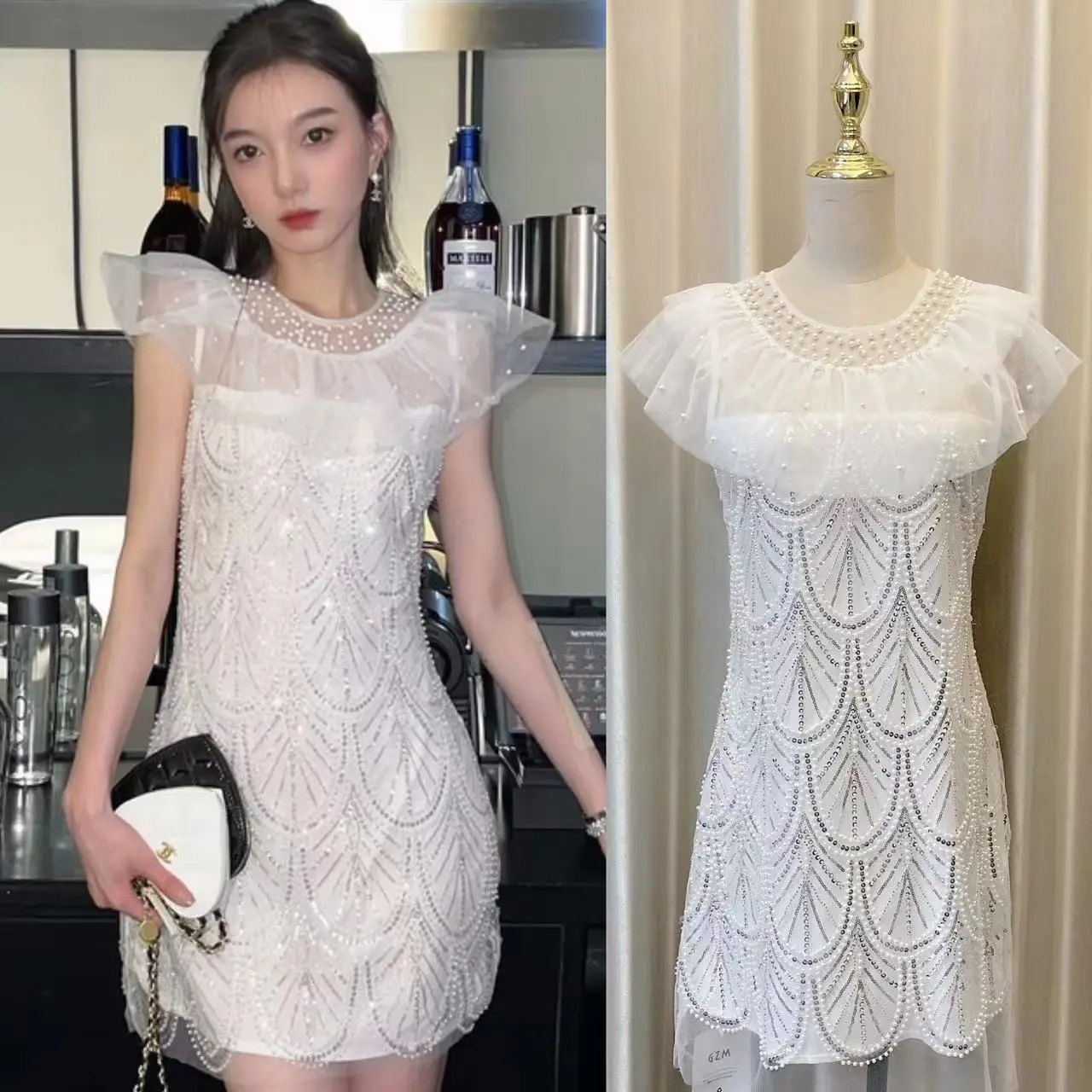 

Luxury Beading Evening Party Short Dress Women Summer Runway Elegant Sequin Mesh Patchwork White Slim Mini Prom Vestidos F422