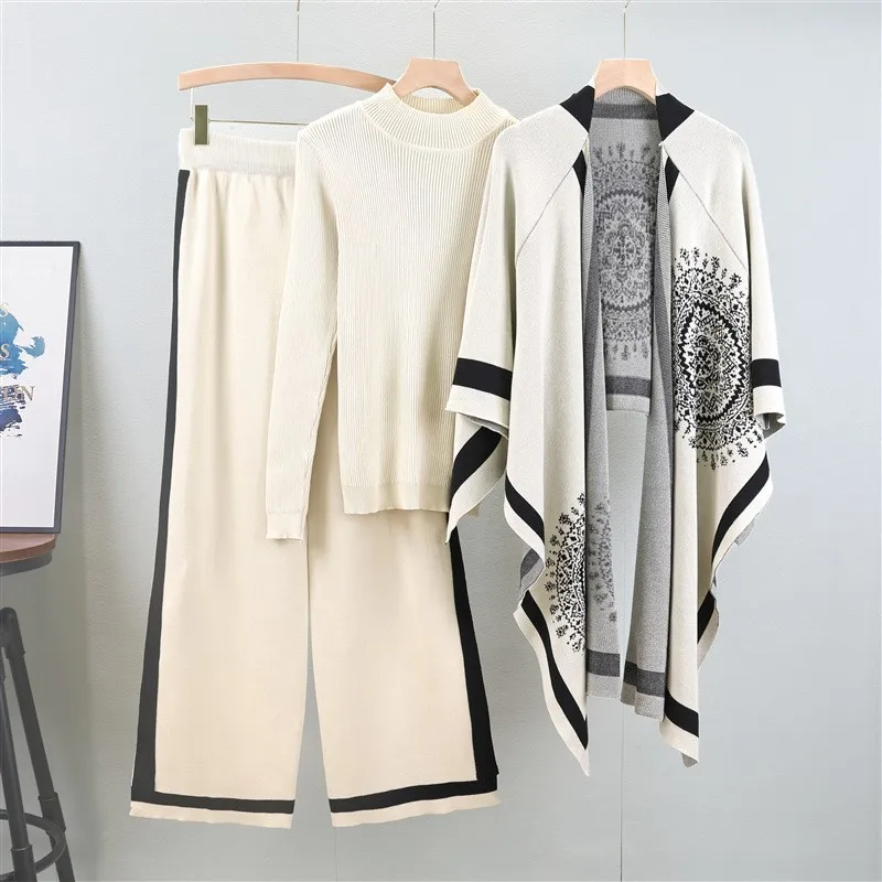 Women Winter Casual 3pc Suits Vintage Print Shawl+Loose Pullover+Wide Legs Long Pants Thick Warm Women Knit Streetwear Sets