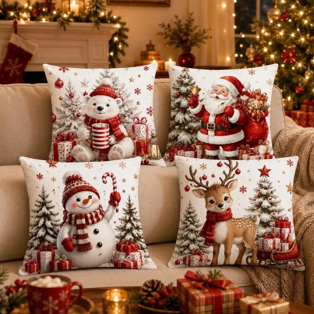 Xmas Soft Christmas Pillow Covers Reindeer Bear Xmas Pillowslip 2D Printed Tree Snowman Pillow Cover Bedroom