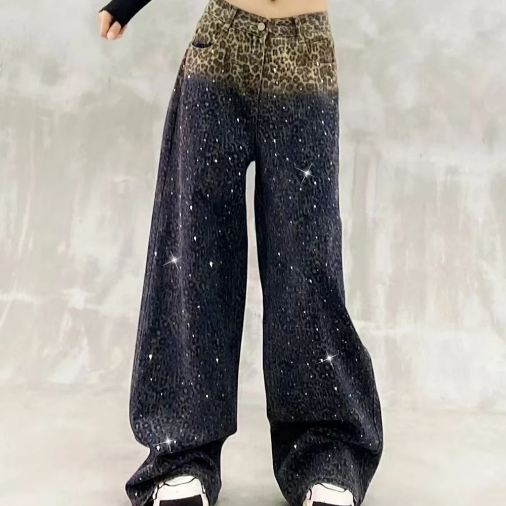 Contrast Color Leopard Print Jeans for Women Vintage Gradient Diamonds Wide Leg Pants Y2K Casual Loose Baggy Denim Pants
