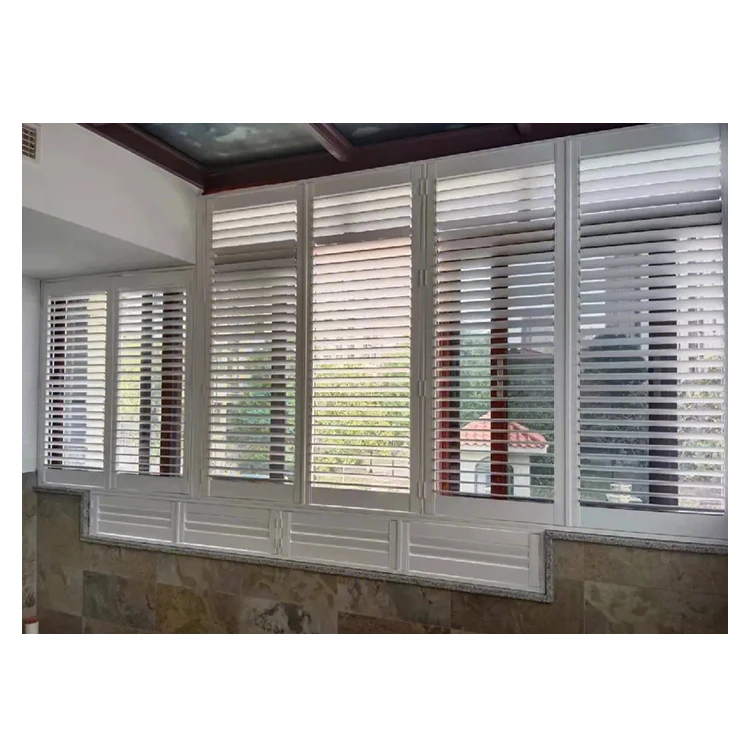 

Customization New design of outdoor artificial sliding solid window wood louver plantation shutters