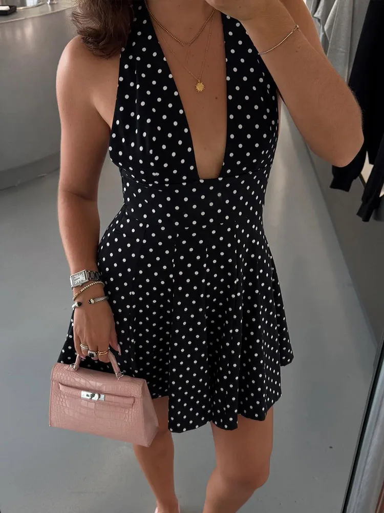 

HH Woman Summer Fashion Sexy Backless Zipper Party Sleeveless Dress Female Elegant Chic Bow Polka Dot Print Slim Mini Dress