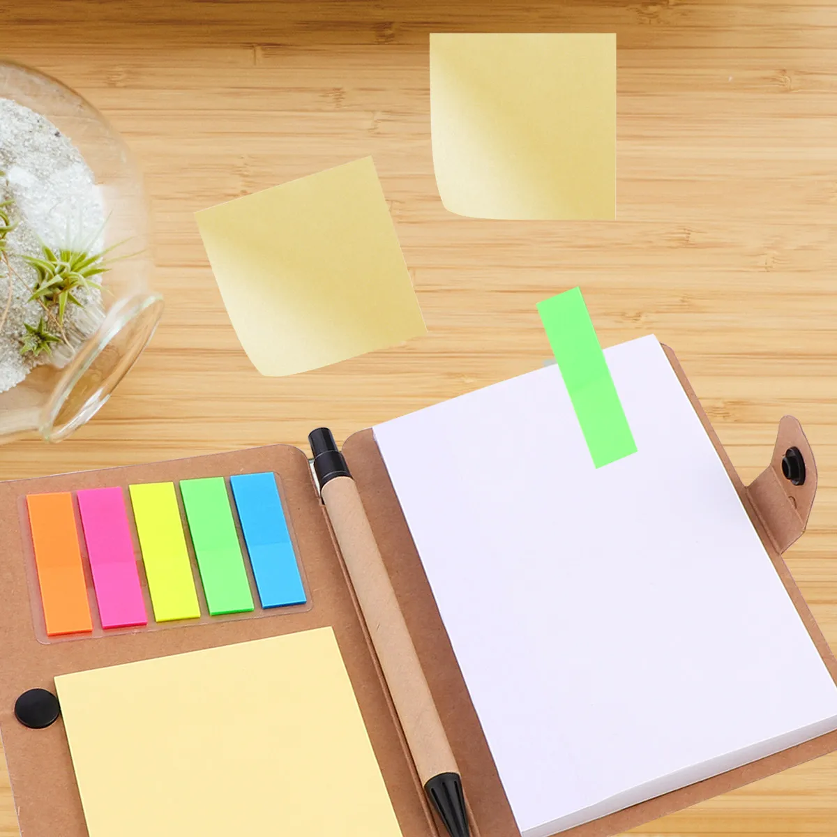 1Set Sticky Notebook Kraftpaper Cover Self-Stick Notes Memo Pads Index Tabs Flags for Office Home School Daily Use