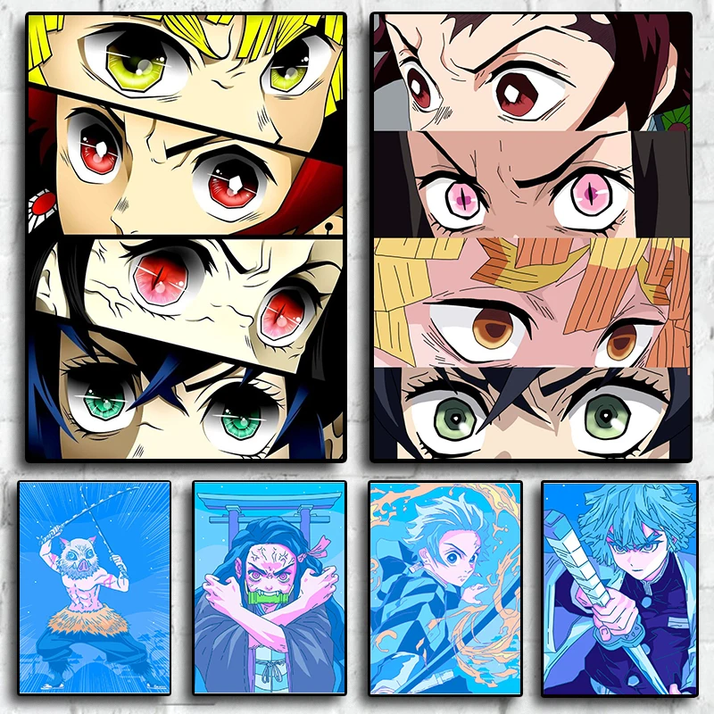 Anime Figure Demon Slayer Poster Nezuko Mitsuri Eyes Neon SynthWave Canvas Painting Decoration Wall Art Kawaii Room Decor GIfts