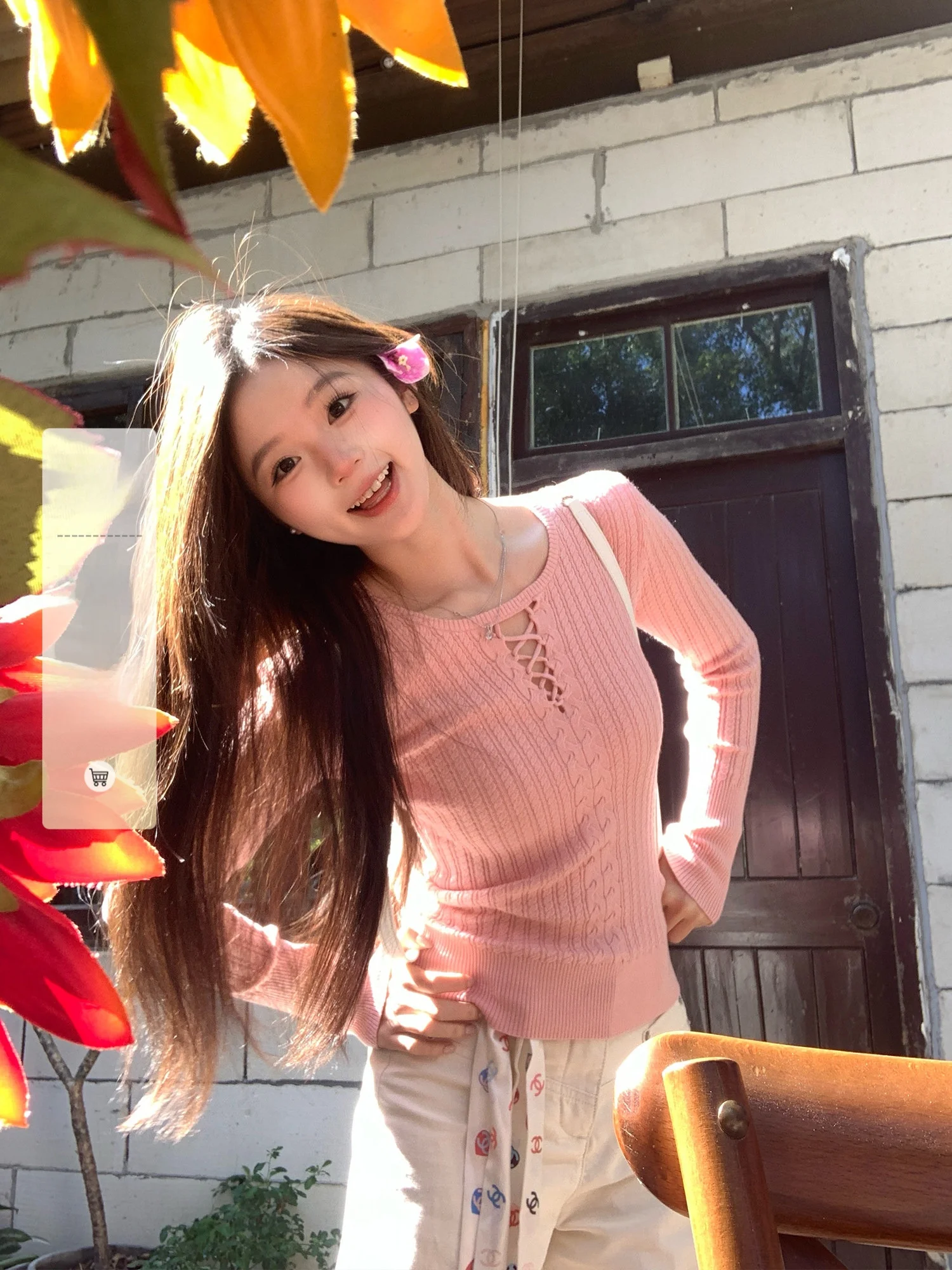 

Pink Hollow out V-Ne Long Sve Knitted irt Women's Slim Fit Casual Sle Spring Faion Small Size Cake Cutting Top
