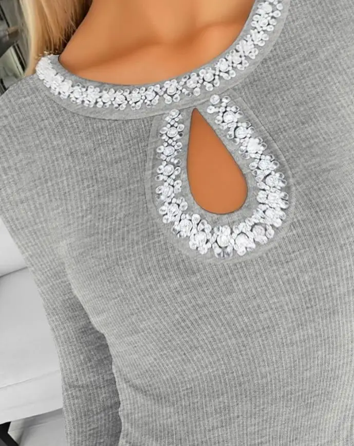 여성 드레스 2025 봄 여름 신상품 라인스톤 장식 긴 소매 홀로우 워터드롭 바디콘 드레스 캐주얼 사이드 러치드 미니 드레스