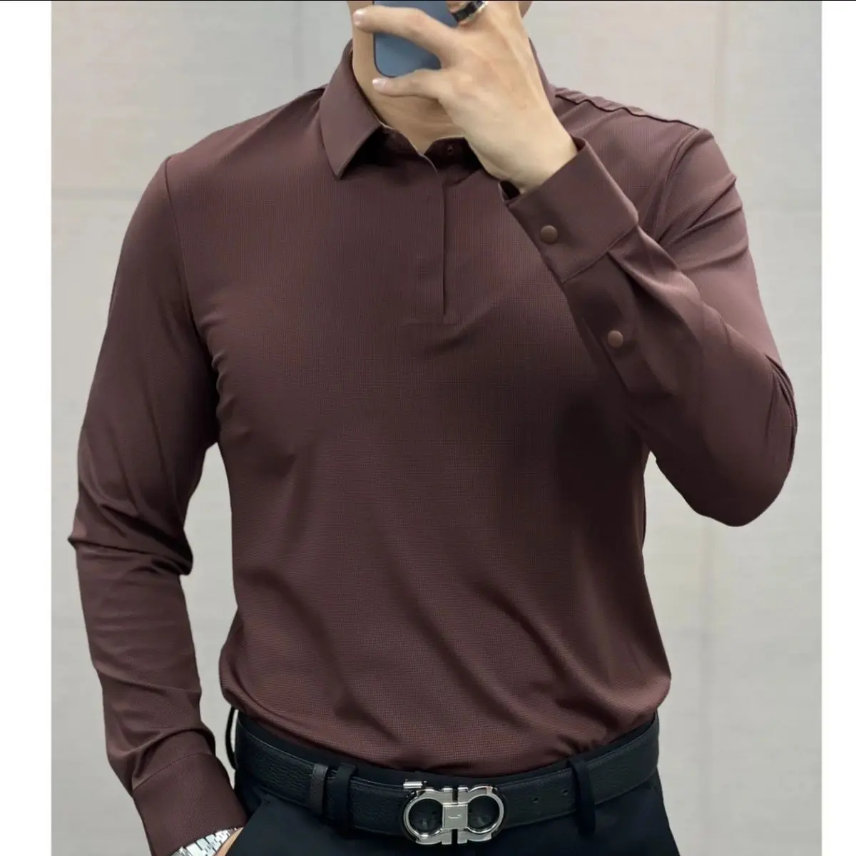 Casual Business Office Solid Color Men\'s Button Polo-Neck Shirt Spring Autumn Fashion Male Clothes Long Sleeve All-match Tops