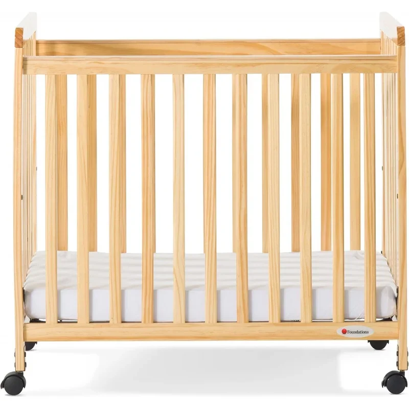 SafetyCraft Compact Slatted Daycare Crib, Durable Wood Construction, Non-Marking Casters (2 Locking), Includes 3” InfaPure Foam