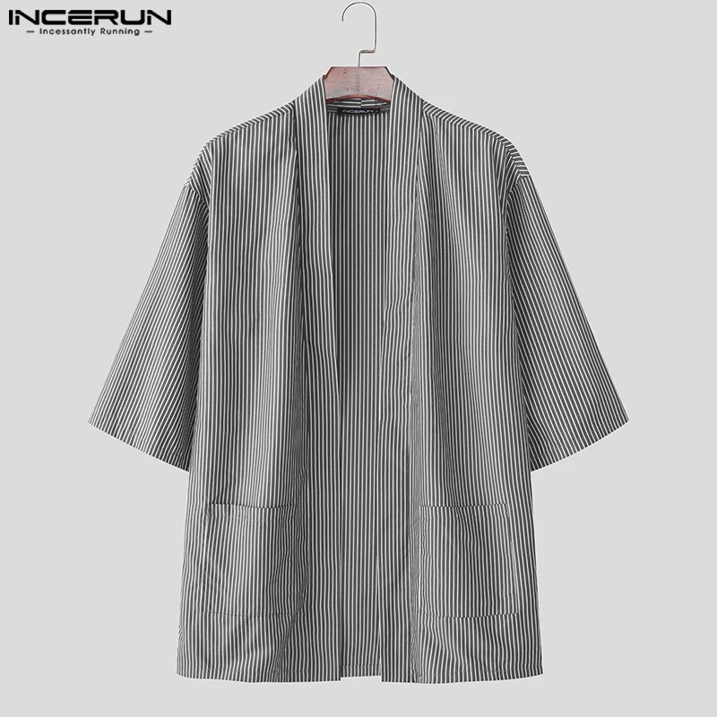 

INCERUN Men Striped Shirt 3/4 Sleeve Open Stitch Casual Male Cardigan Outerwear Streetwear Korean Style Fashion Men Clothing