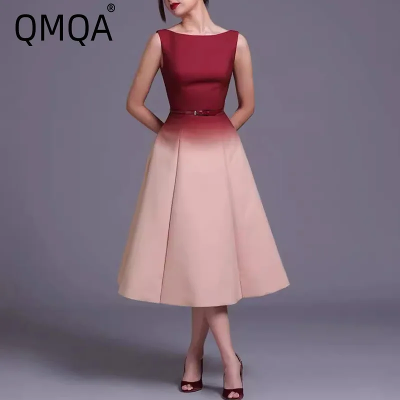 QMQA Fashion Women's Elegant Dress Slash Sleeve Gradient Ramp Pleated Backless A-Line Women's Evening Dresses 2025 Spring QM219
