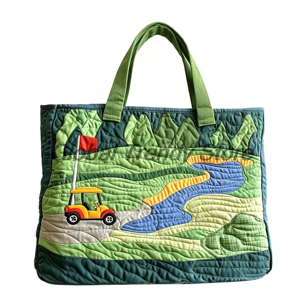 Retro Golf Cart & Course Print Quilted Tote Green Shoulder Bag Women Casual Daily Handbag For Shopping