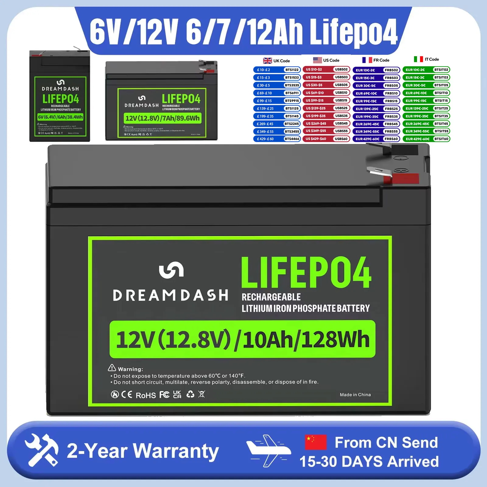 Batterie LiFePO4 12V 7Ah/10Ah/6V 6Ah -20 ° C à 60 ° C avec protection BMS pour contrôleurs solaires/UPS/RV/voiture enfant/golf/Moto