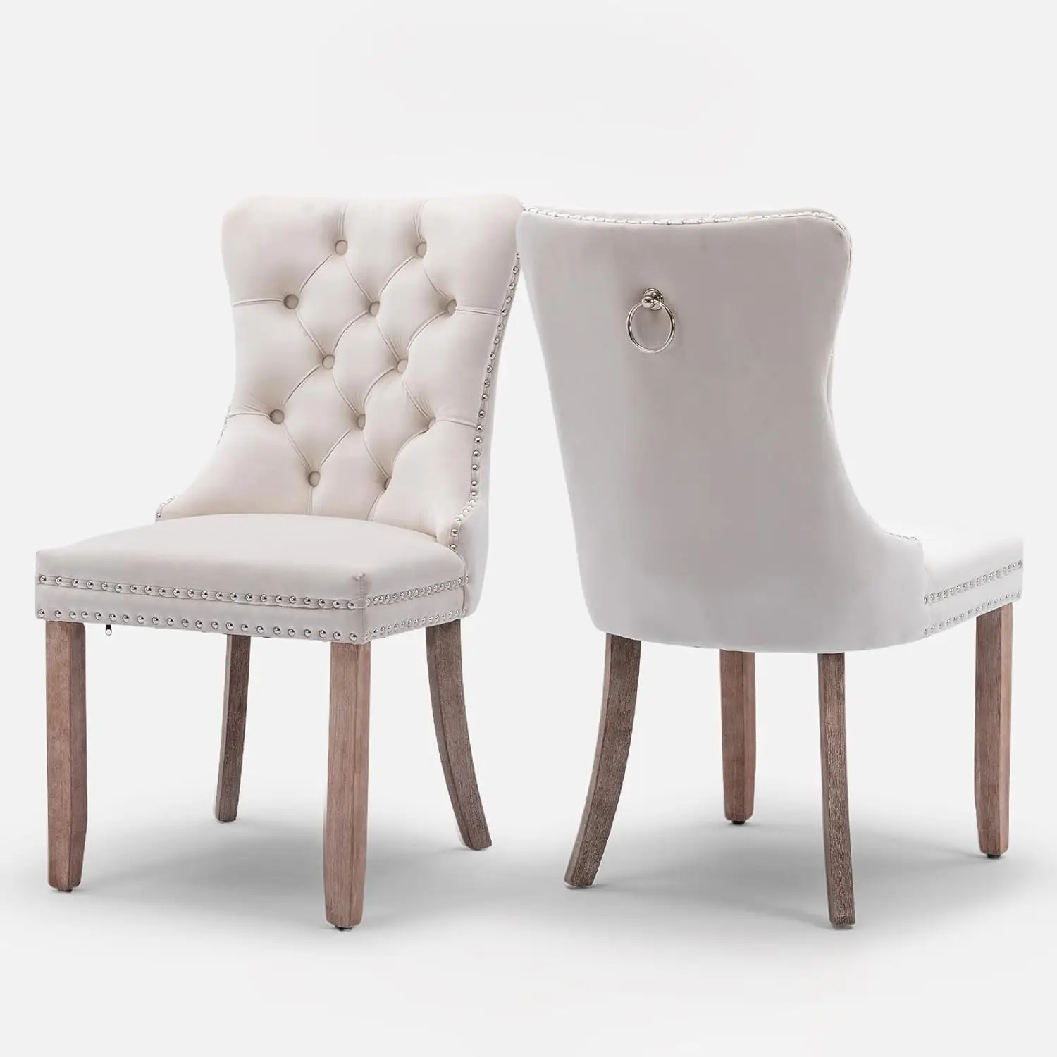 Velvet Upholstered Dining Chairs Set of 2, Modern Style Kitchen Side Chairs with Nailhead Trim and Wood Legs,Metal Pulling Ring