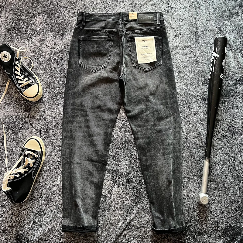 

American Retro Men's Loose Straight Leg Bla Distred Heavyweight Jeans Casual mid Waist Five ket Basic Sle