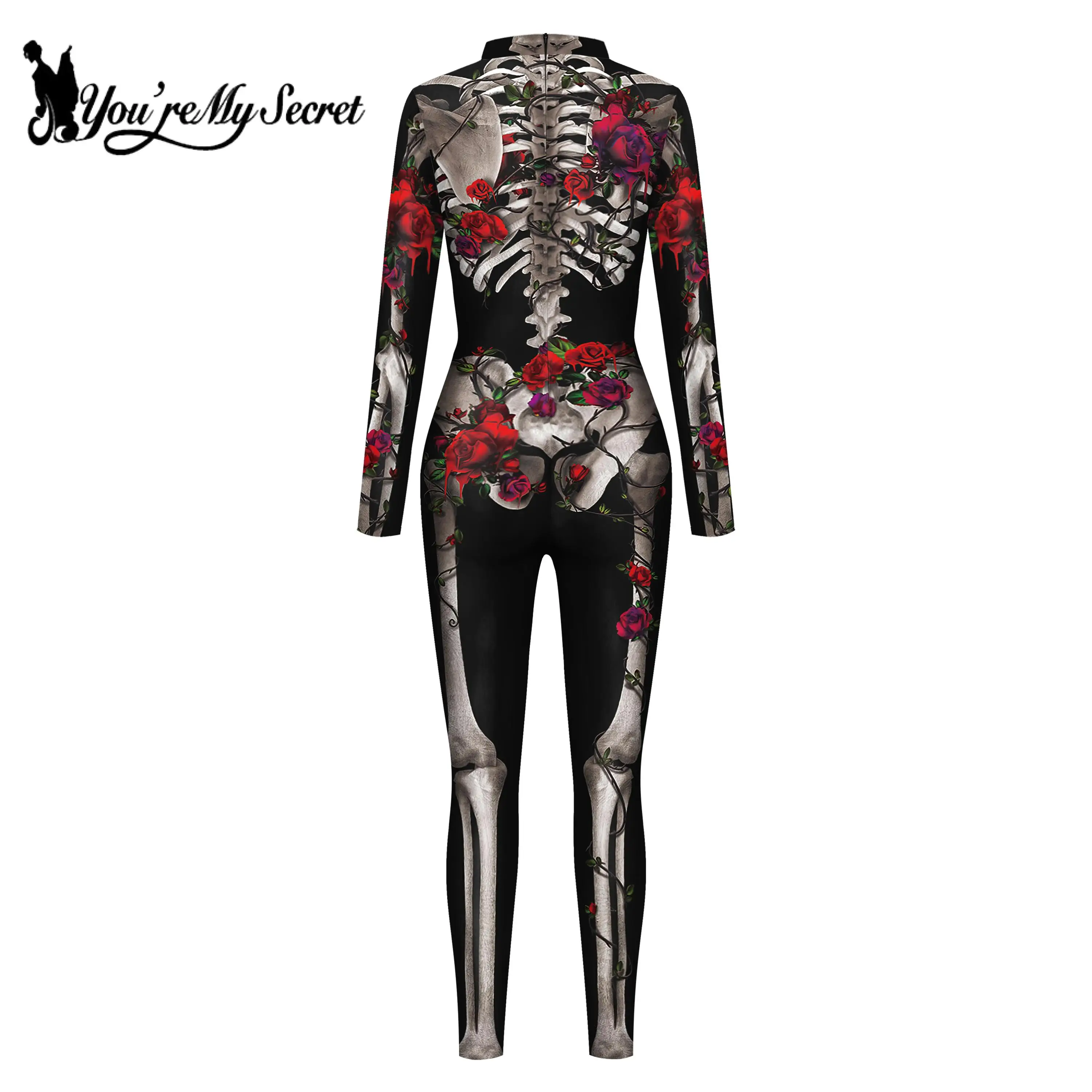 [You're My Secret]Halloween Skeleton Rose Print Costume For Women Stretch Bodysuit Skinny Catsuit Carnival Party Zentai Dress Up