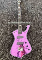 Rare 4 Strings Iceman Paul Stanley Purple Cracked Mirror Electric Bass Guitar Pearl Abalone Block Inlay Chrome Hardware